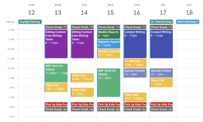 Time Blocking Example Calendar